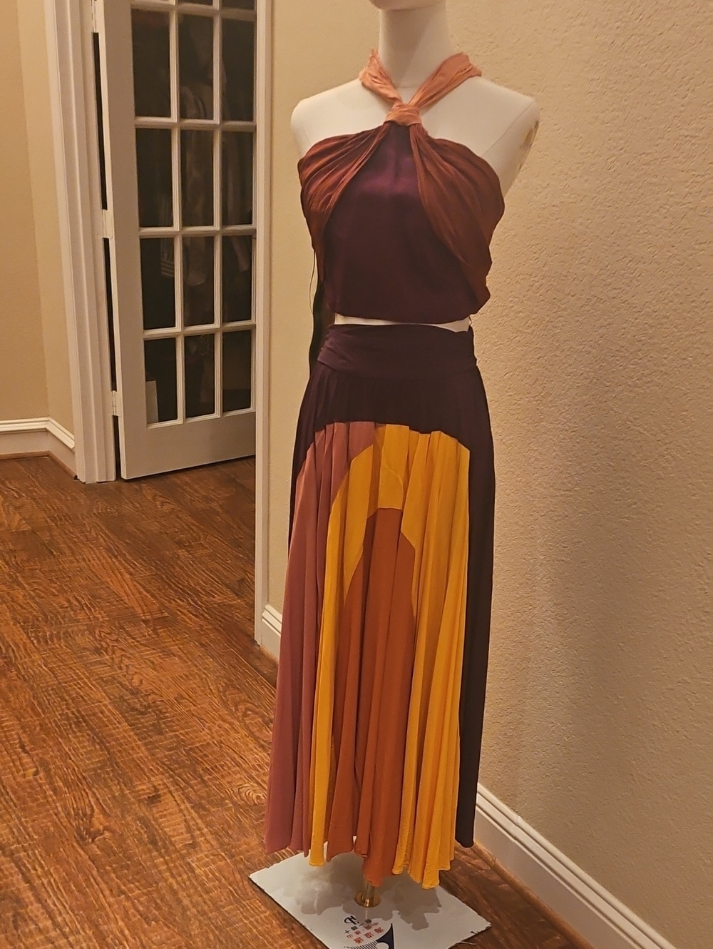 Zara Colorblock Pleated Maxi Set  in Yellow, Rust & Plum,cropped Top